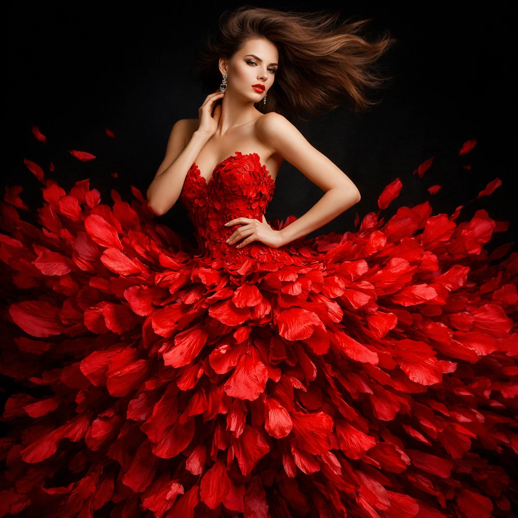Woman in red floral gown against black studio background