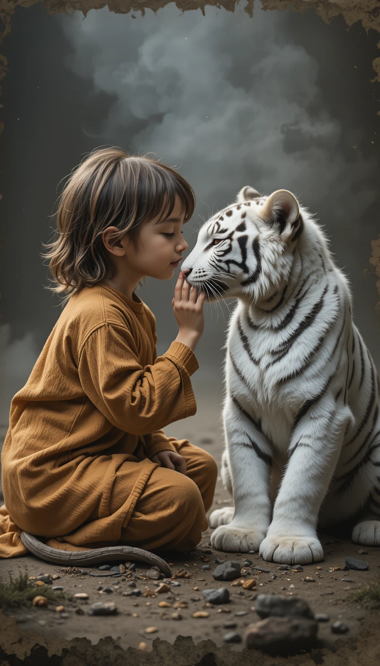 Young child touching noses with a white tiger cub