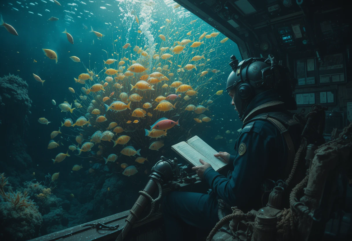 Monk seated in a cockpit deep within an underwater world