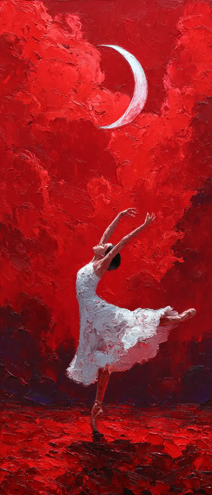 White painted dancer under a crescent moon on stage