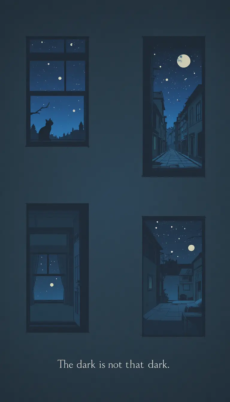Dark anime cat by a window in a quiet room