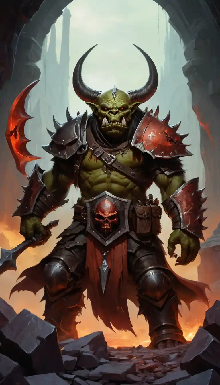 Orc king riding a war rooster on a burning battlefield