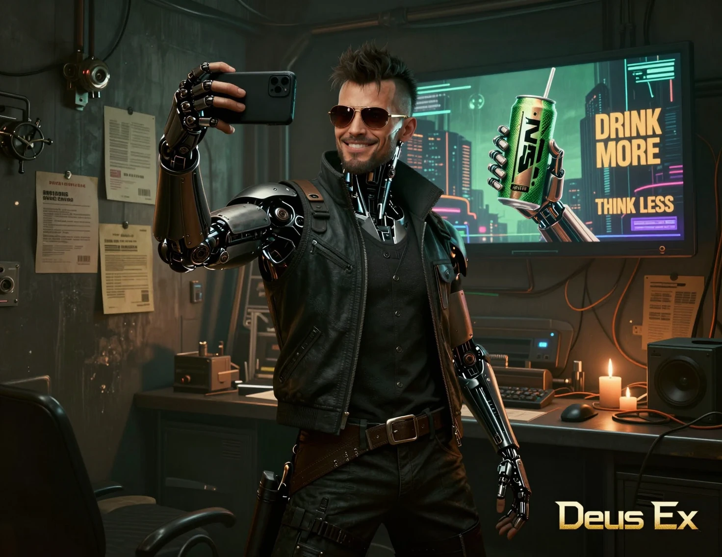 Cybernetic detective taking a selfie in neon lit room