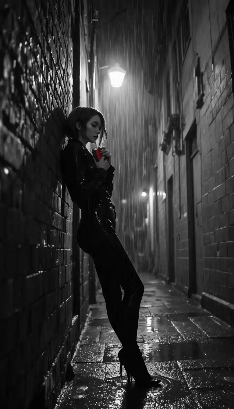 Wounded woman in rainy alley under a distant streetlight
