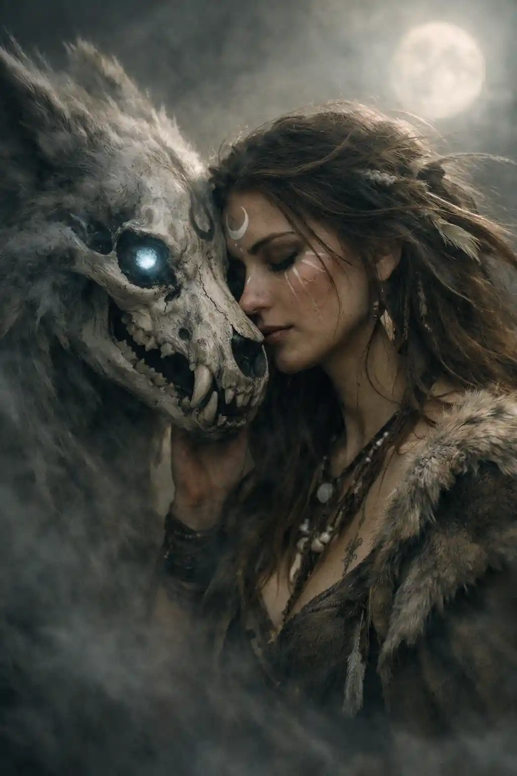 Woman and skeletal wolf spirit in pale moonlit fog