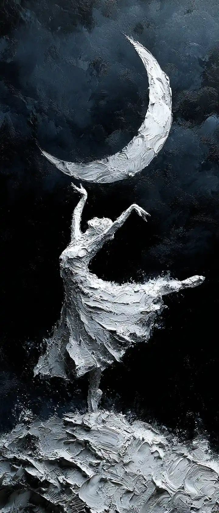 White painted dancer on stage under a crescent moon
