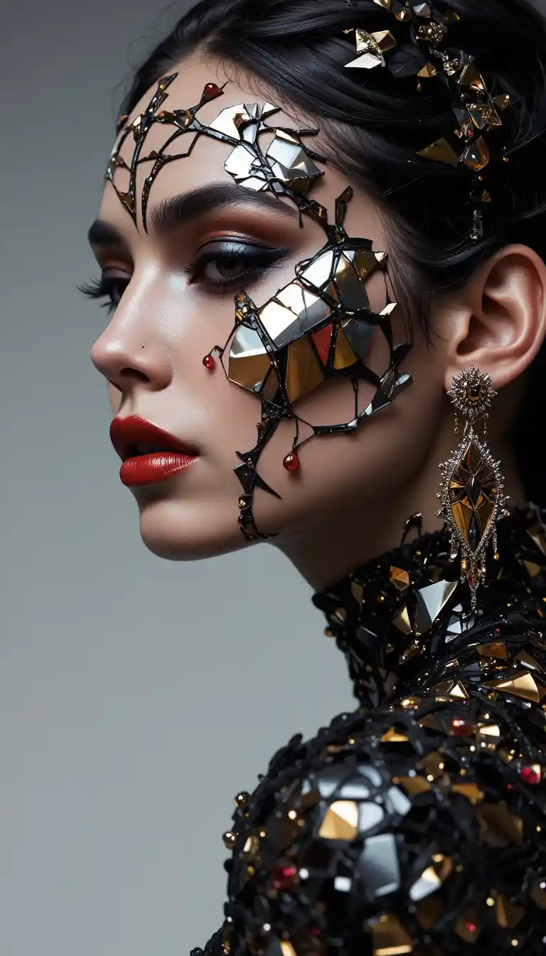 Donna di alta moda con styling cigno nero e schegge di specchio