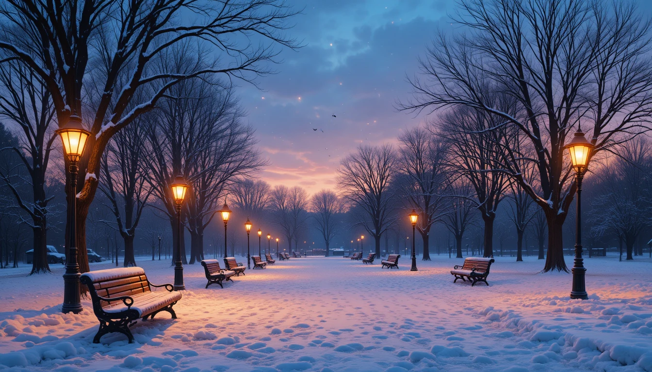 Snowy park at dusk with glowing streetlights and benches