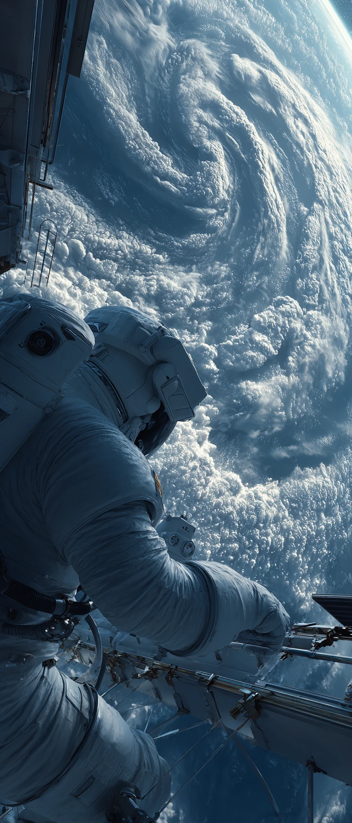 Astronaut repairing space station above a distant Earth
