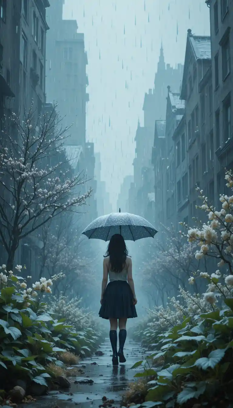 神秘春雨與殘雪中的撐傘少女