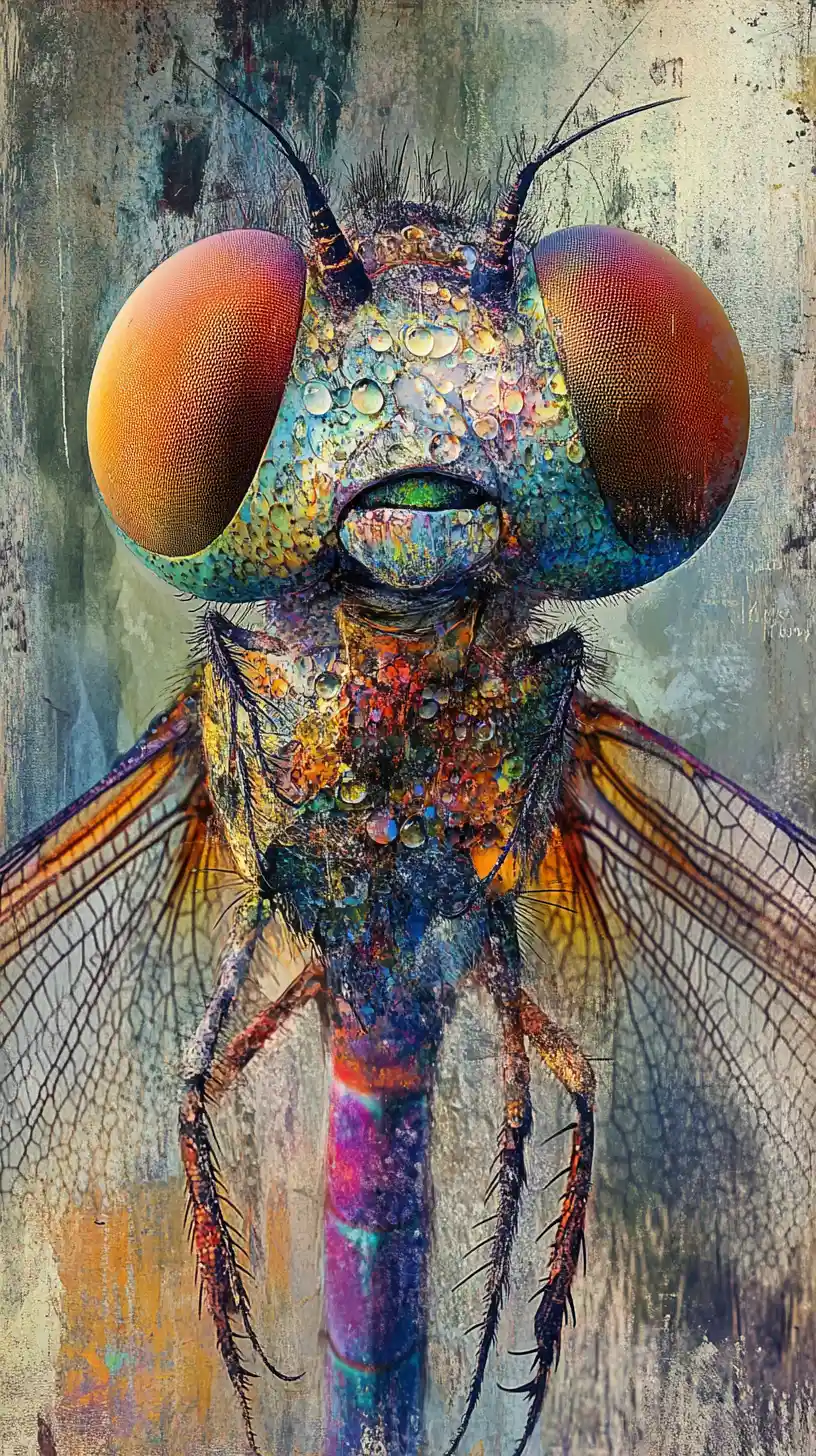 Abstract dragonfly portrait with fragmented waterdrop forms
