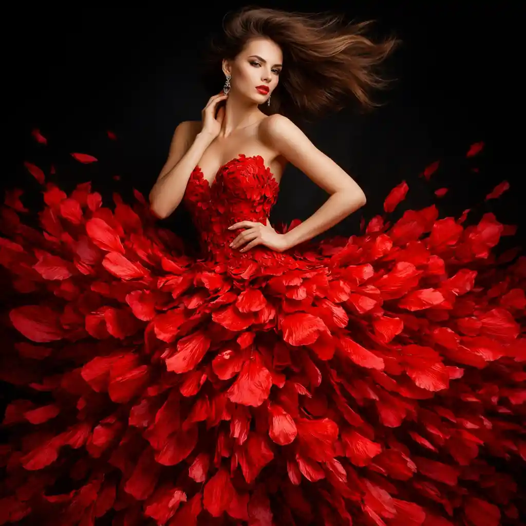 Woman in red floral gown against black studio background