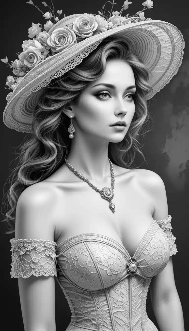 Ritratto di donna vintage elegante con abito di pizzo e cappello floreale