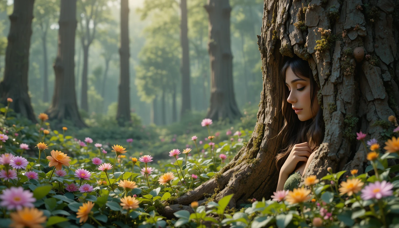 Young woman picking wildflowers in a stylized forest