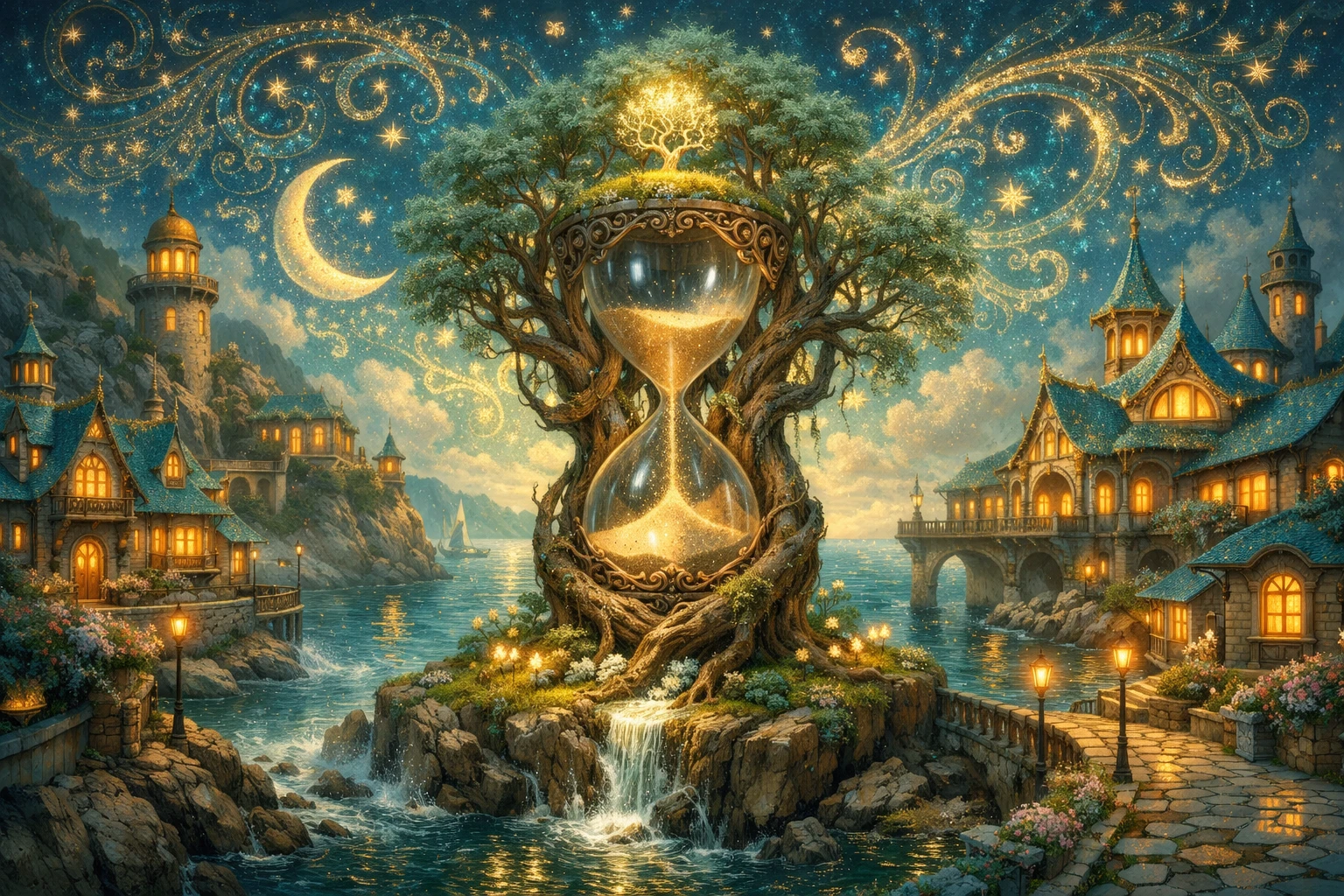 Whimsical fantasy coastal city with glowing ornate architecture