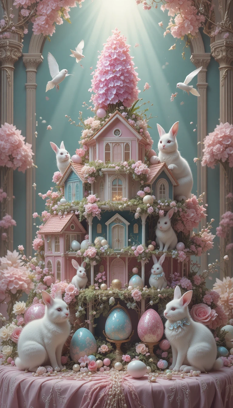 Whimsical houses with cats and rabbits in fantasy still life