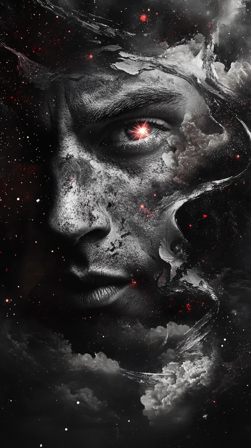 Rostro masculino surreal que se disuelve en polvo y formas cósmicas