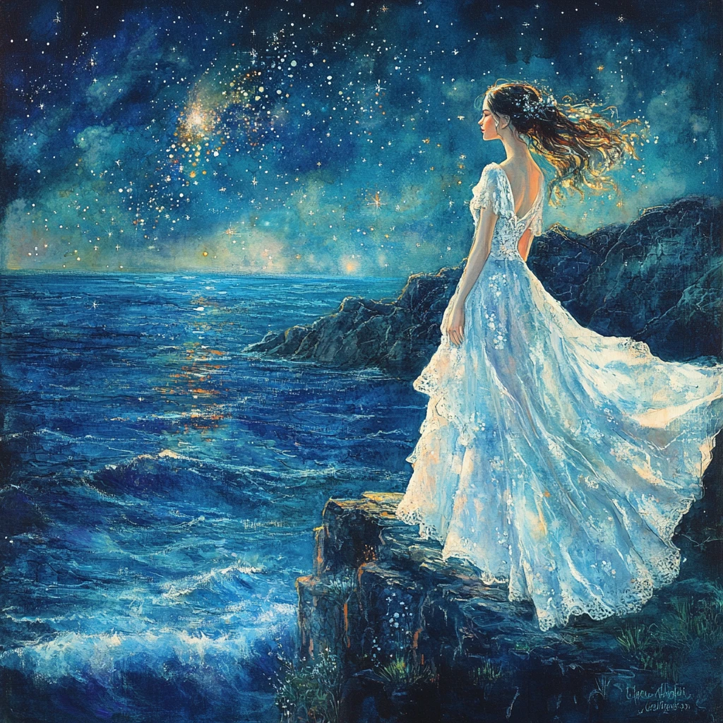 Donna eterea su una scogliera che domina l’oceano stellato
