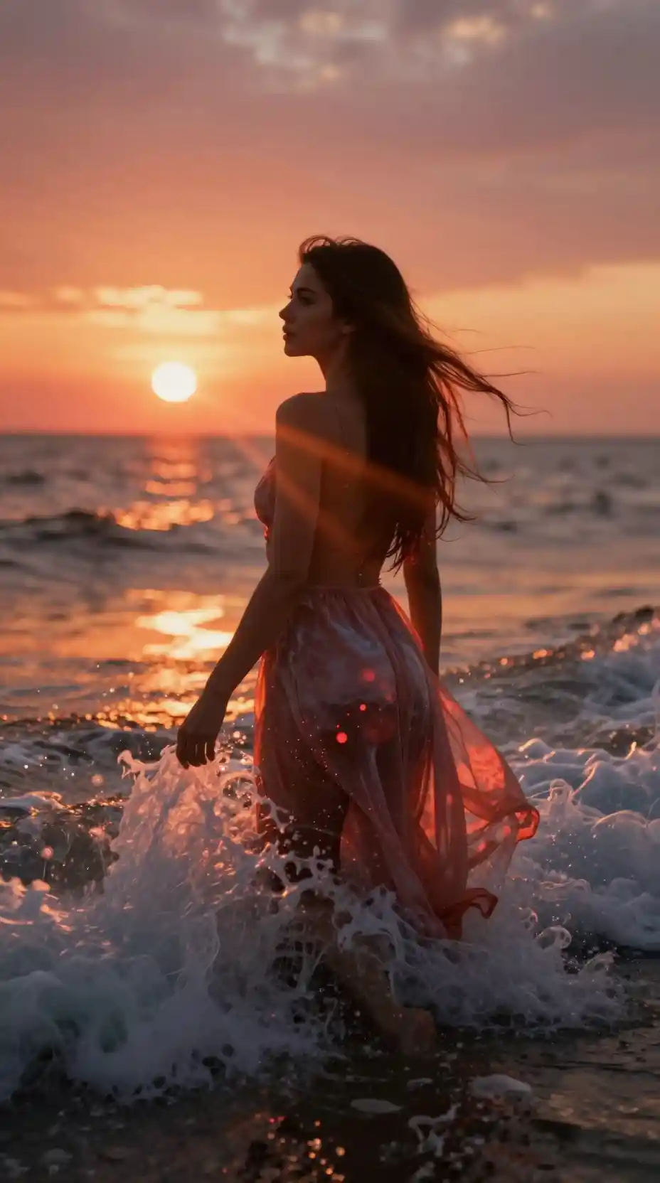 Woman in flowing dress swimming in sunset sea waves