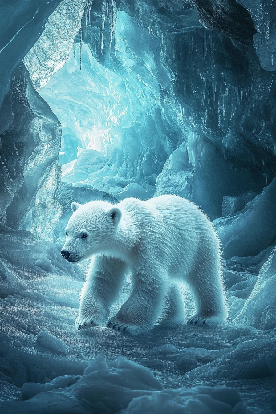 Baby-Eisbär läuft über schichtweise leuchtendes arktisches Eis