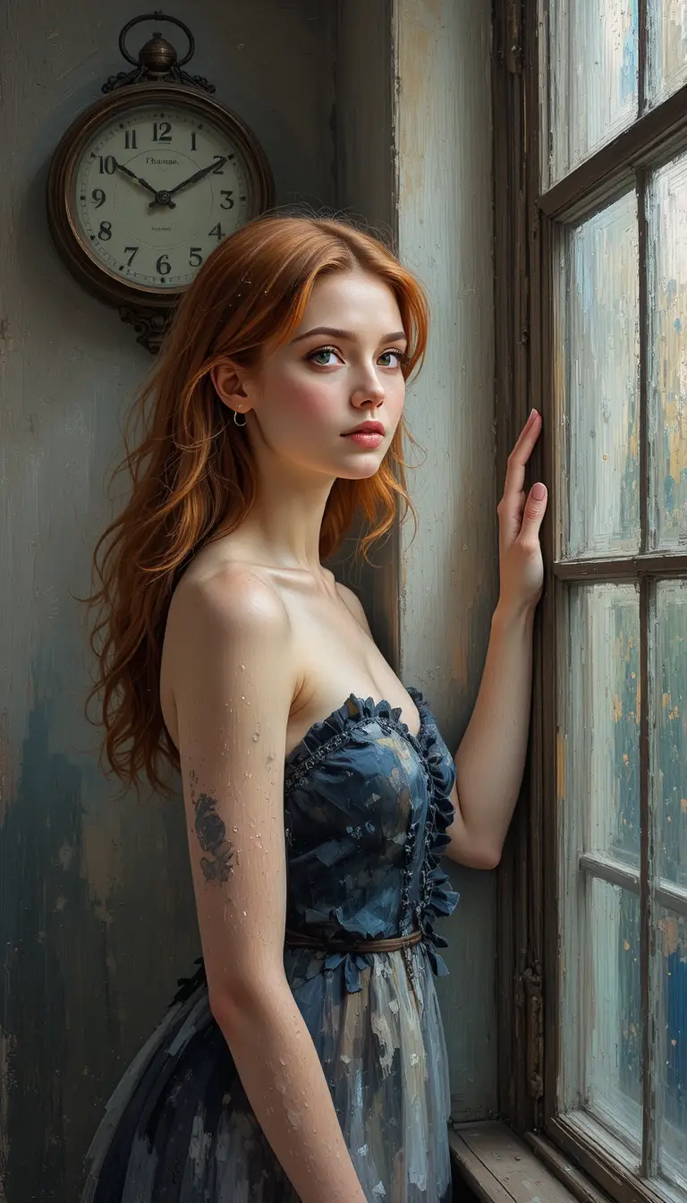 Thoughtful red haired girl by a window at evening