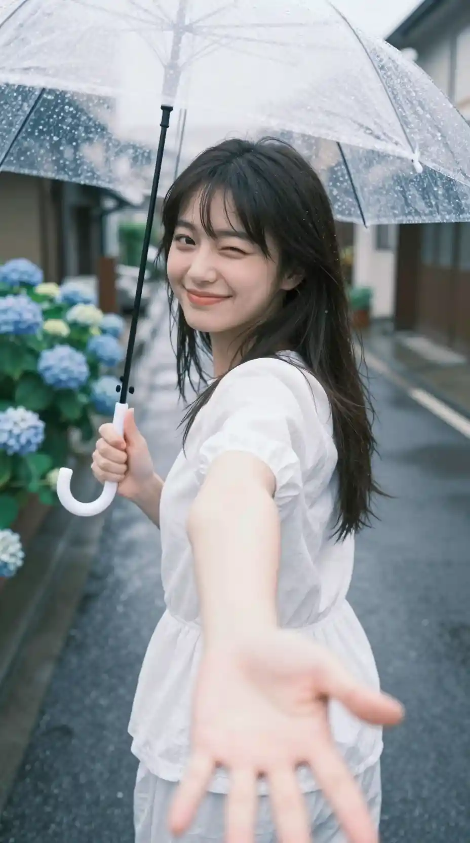 Japanese girl running up a rainy street with umbrella