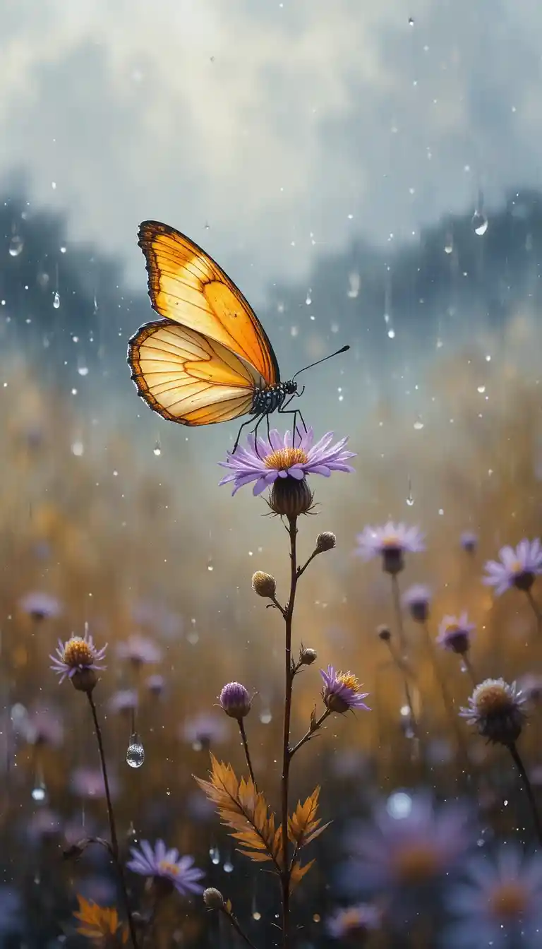 Butterfly In Rain On Twilight Meadow Watercolor Scene