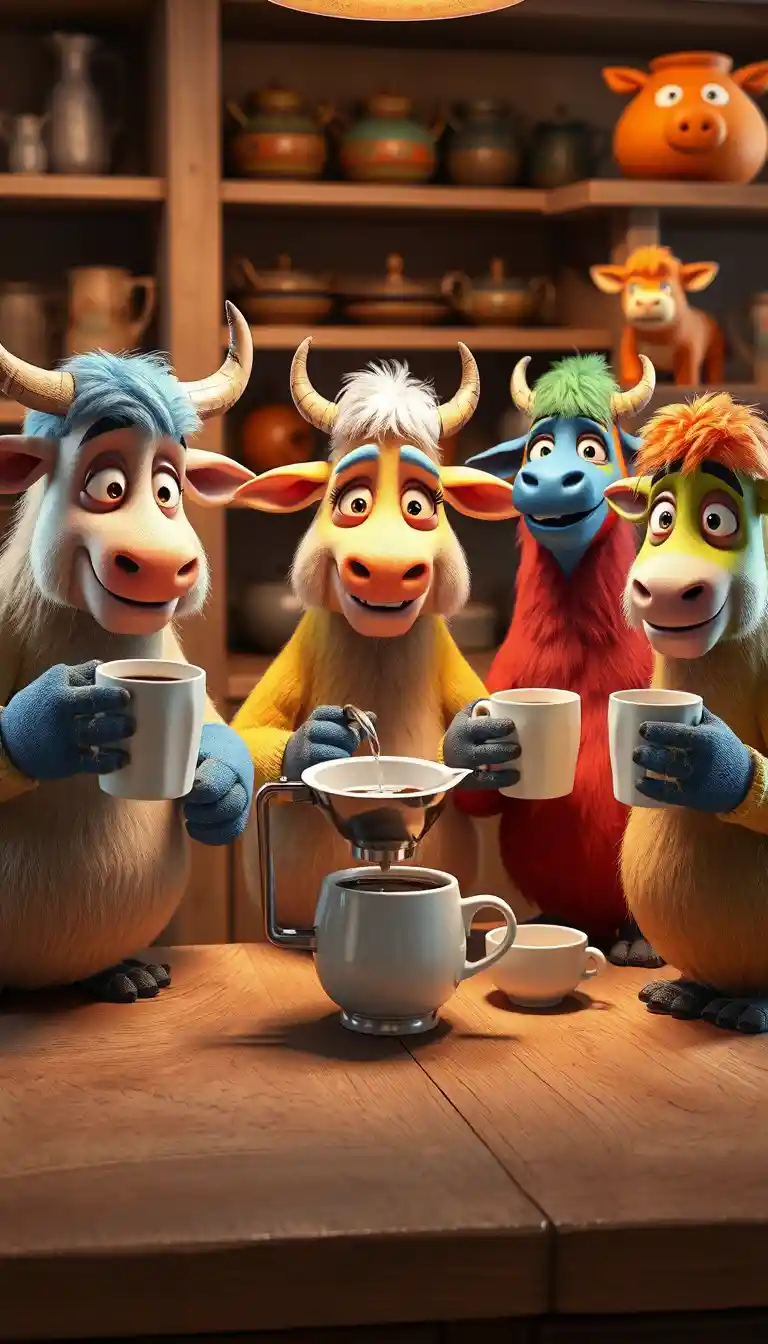 Colorful cartoon chickens sharing coffee in a cozy kitchen