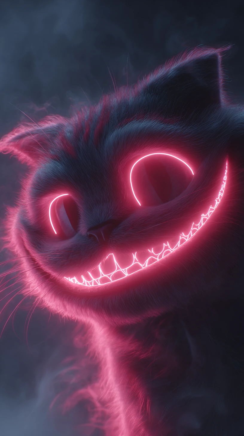 Gato de Cheshire neón con ojos brillantes en humo surrealista