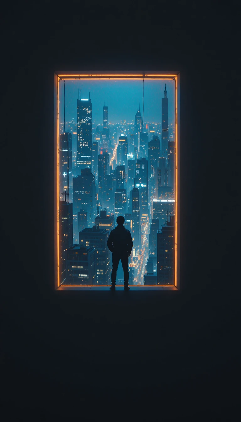 Silhouetted figure at window above glowing night city