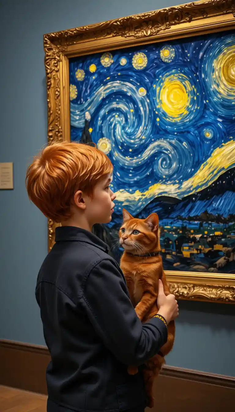 Red haired boy holding a cat in a museum gallery