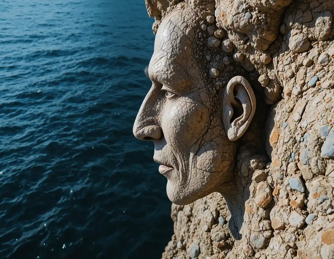 Close up coastal rock face resembling a human profile