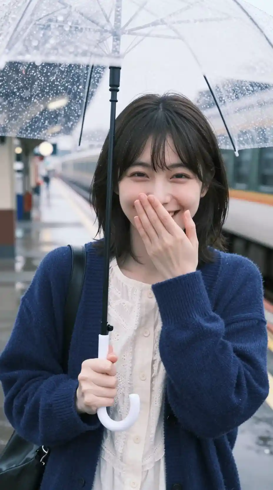 Shy Japanese girl under a clear umbrella at rainy station