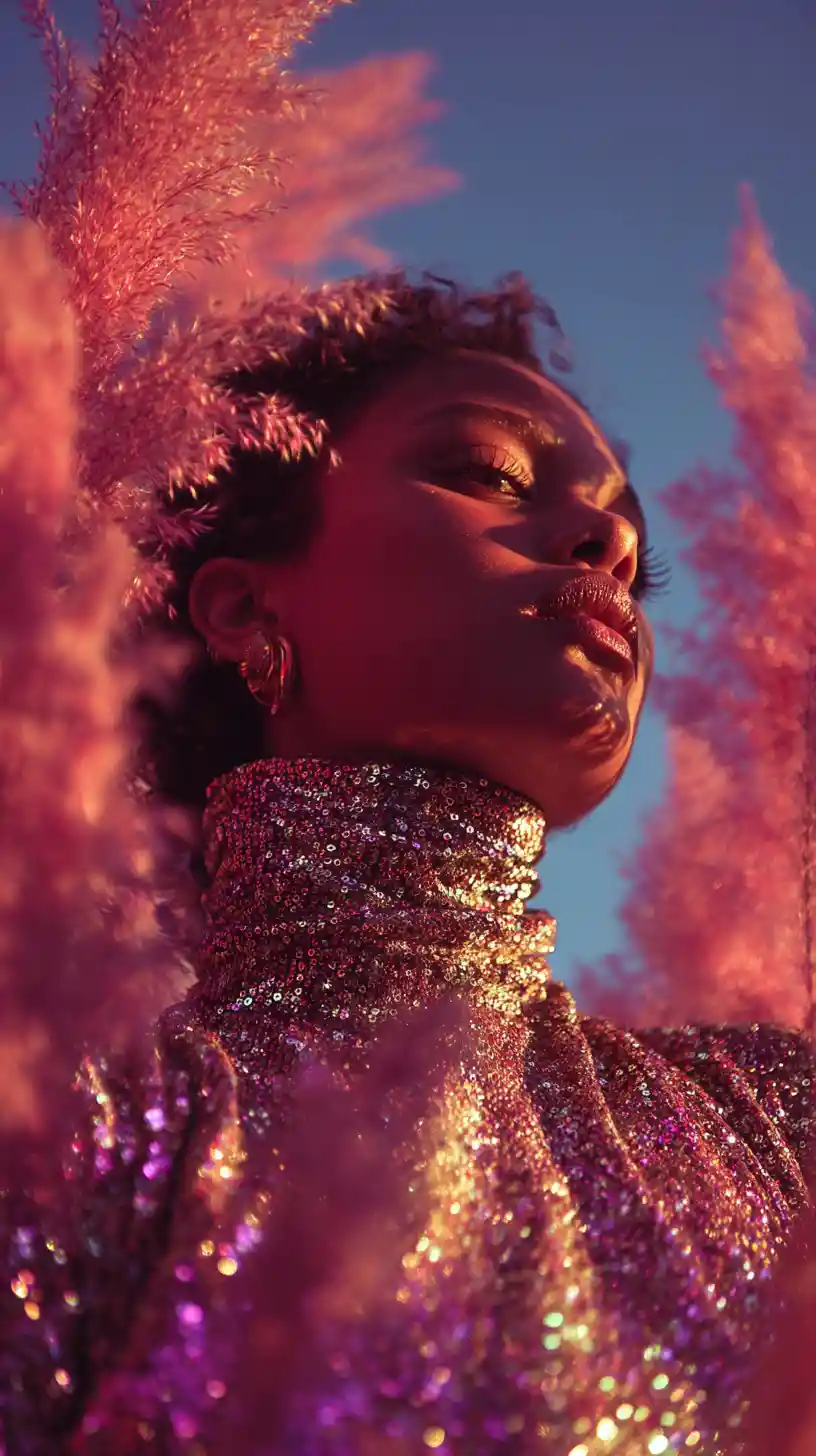 Radiant couture portrait in feathery pink outdoor setting