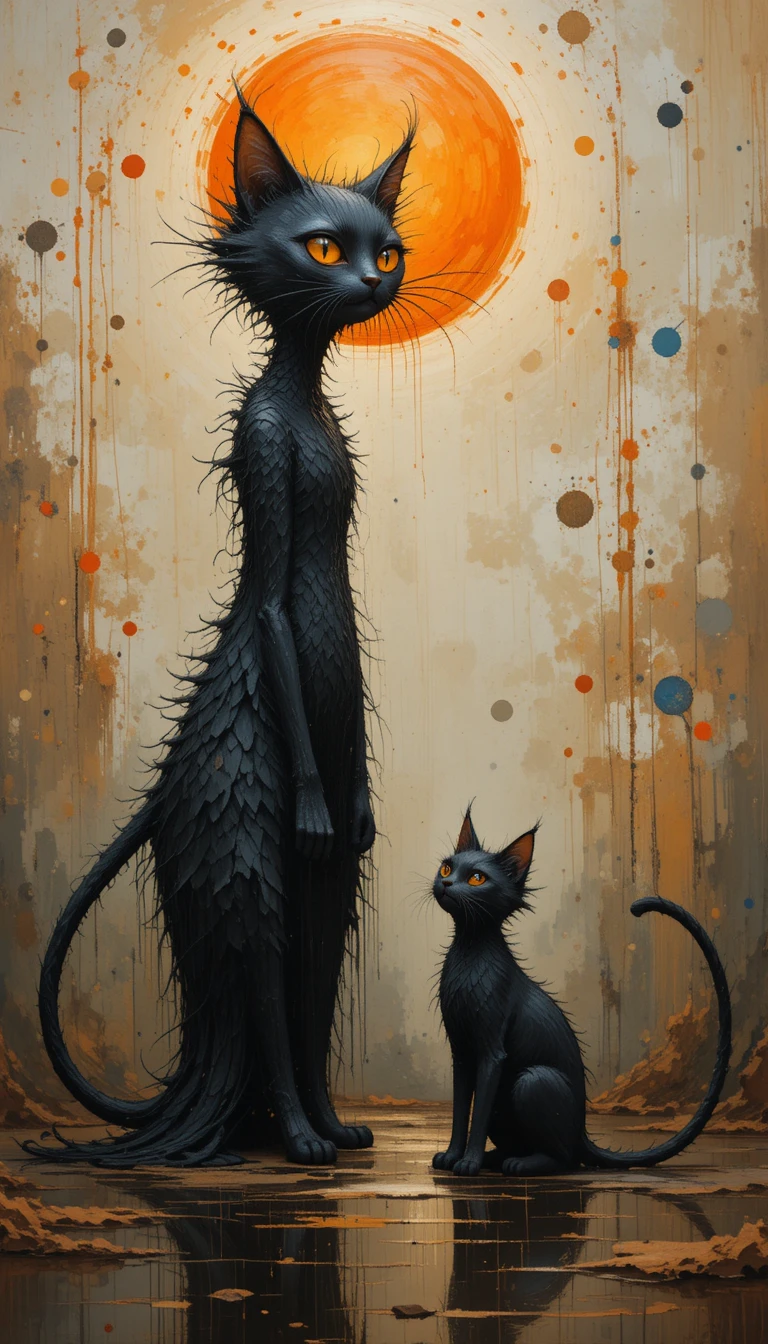 Whimsical black cats in a dreamy abstract painting