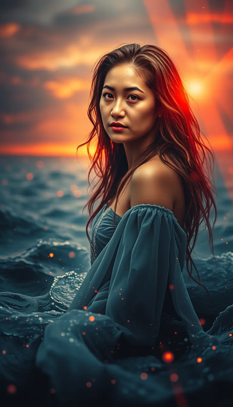 夕陽海浪中游泳的飄逸長裙女子