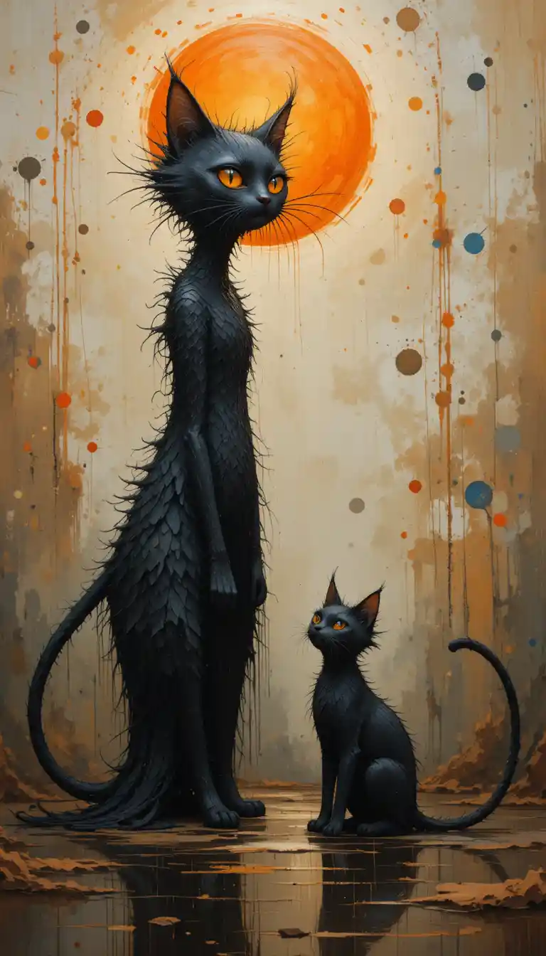 Whimsical black cats in a dreamy abstract painting