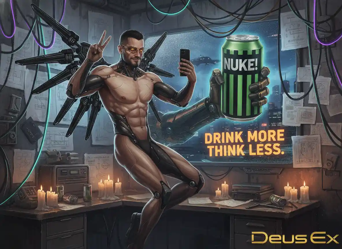 Augmented cyberpunk detective taking a selfie in neon room