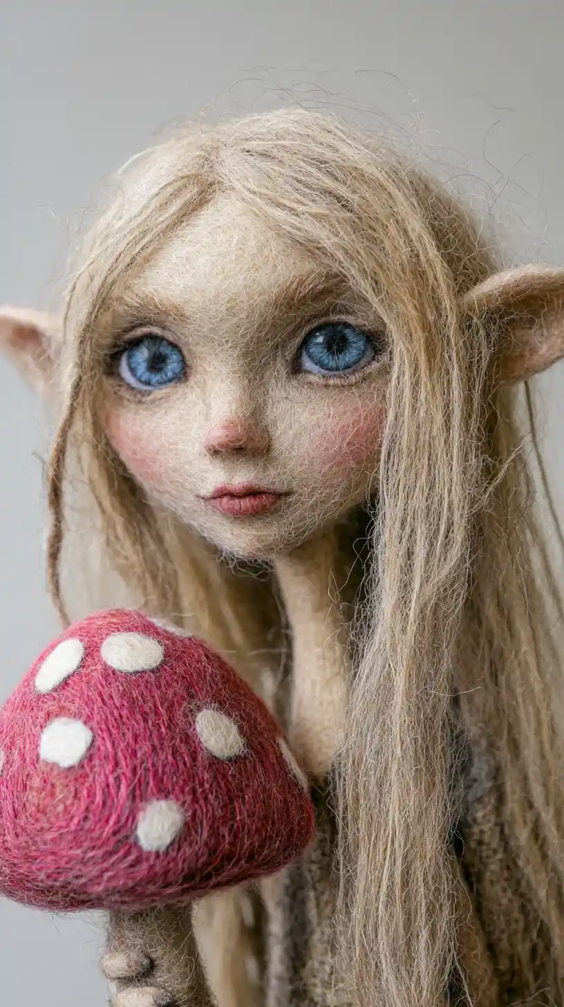 Thoughtful elf holding a large pink spotted mushroom