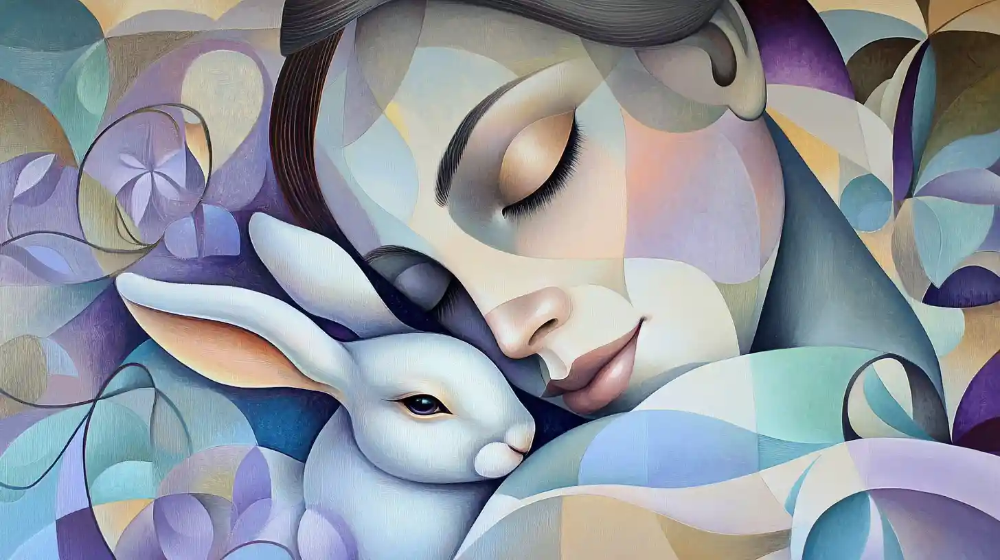 Donna cubista astratta che culla dolcemente un piccolo coniglio