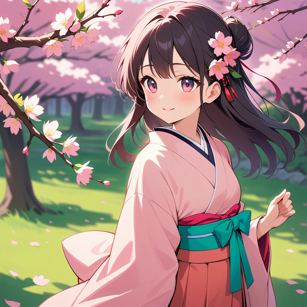 満開の桜の木の下に立つ着物姿の若い日本人少女