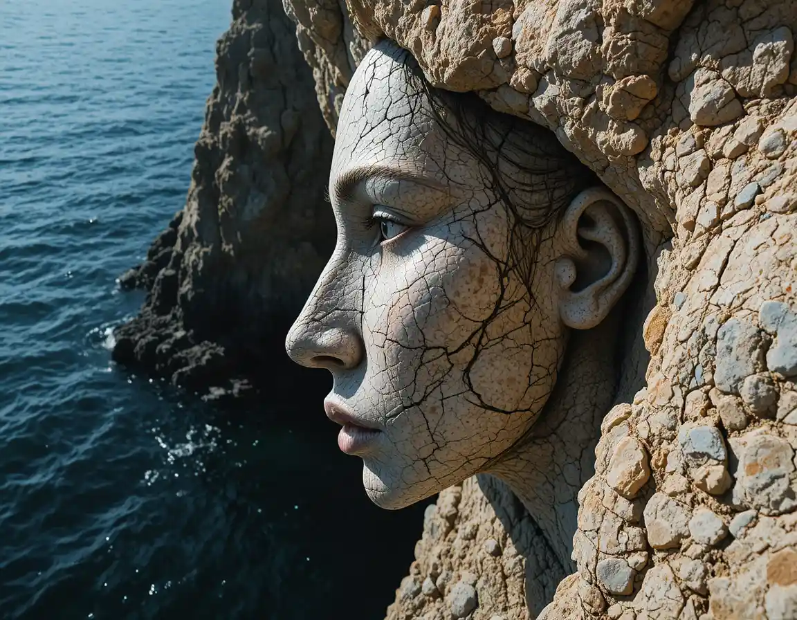 Close up coastal rock face resembling a human profile