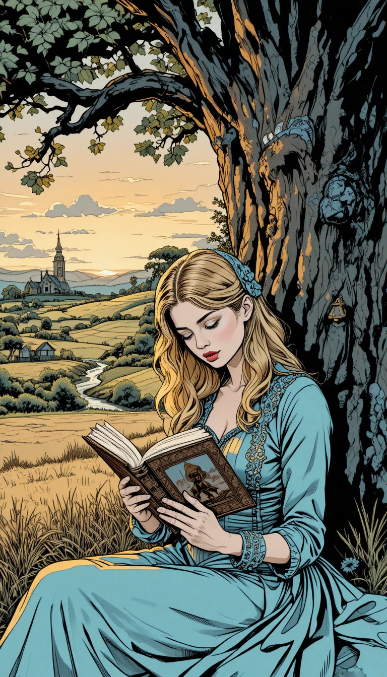 Young woman reading under an old oak at sunset