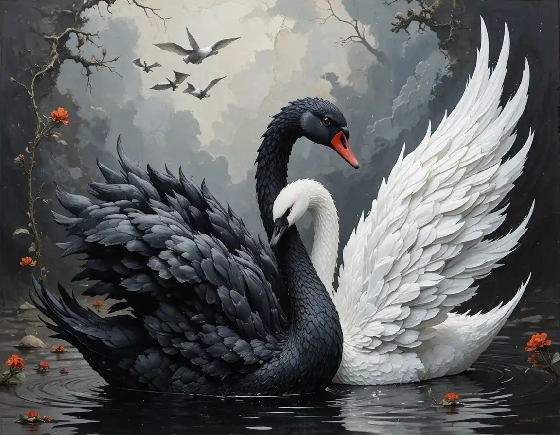Surreal impasto swans intertwined in a minimalist abstract scene