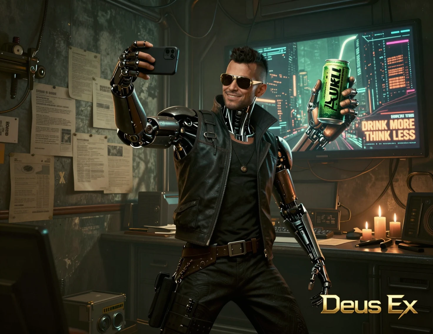 Augmented detective taking a selfie in neon lit cyberpunk room