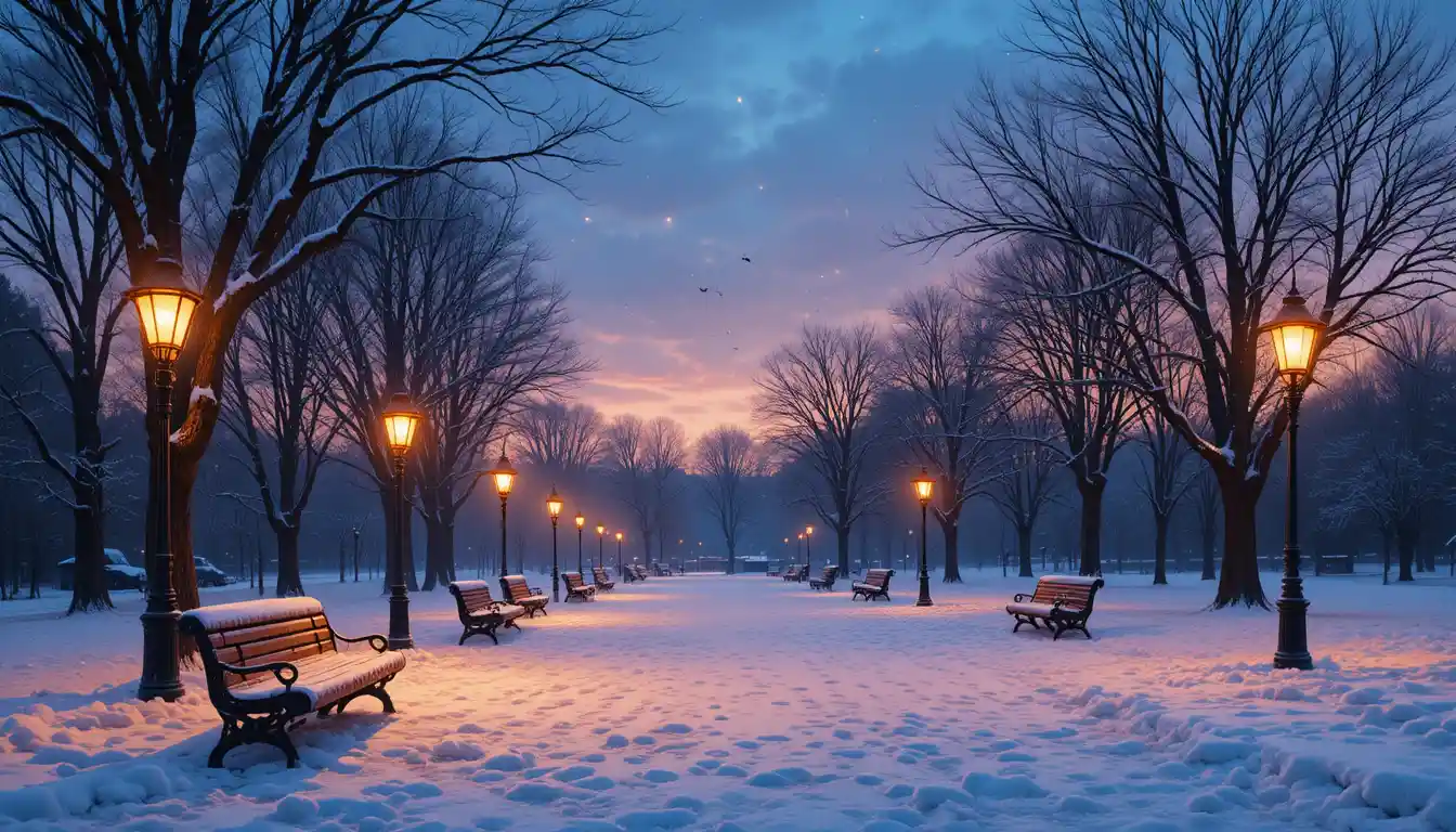 Snowy park at dusk with glowing streetlights and benches