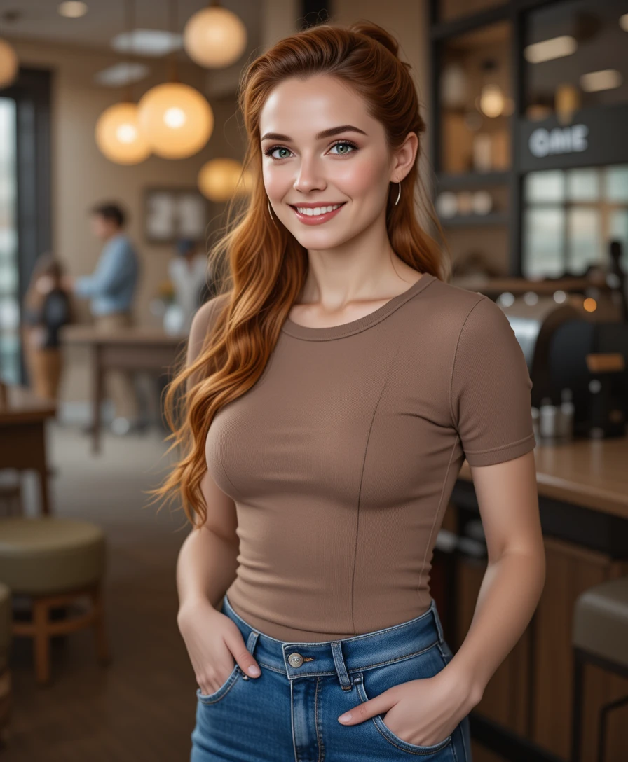 Rothaarige Frau im Freizeitoutfit an der Kaffeetheke