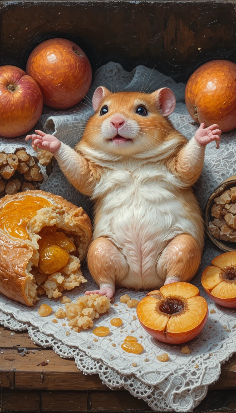 Exhausted Hamster Beside Apricot Pastry In Oil Painting