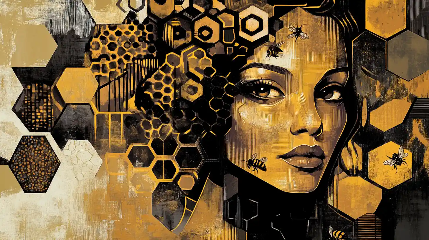 Cubist woman with bees and honeycomb pattern