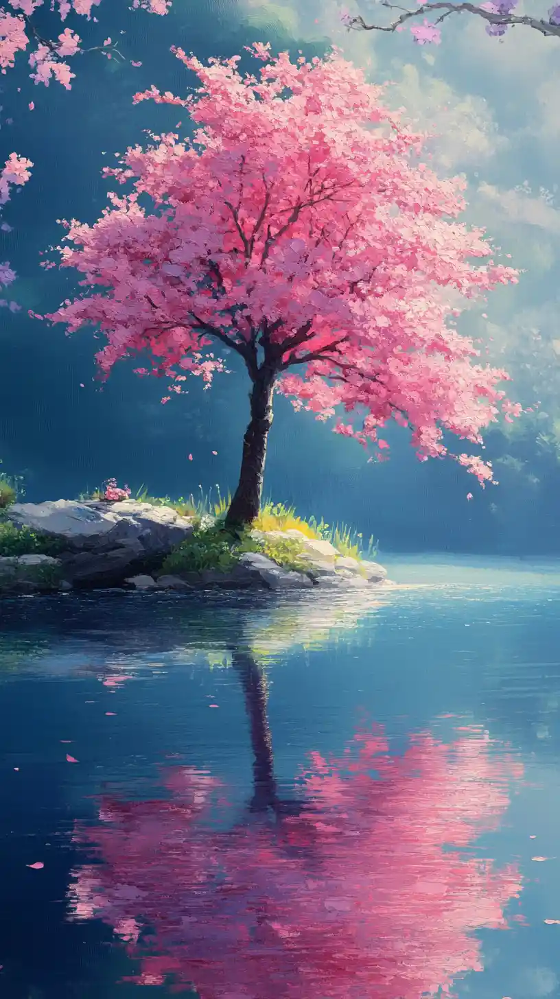 Pink tree by a tranquil lake in underwater spring scene